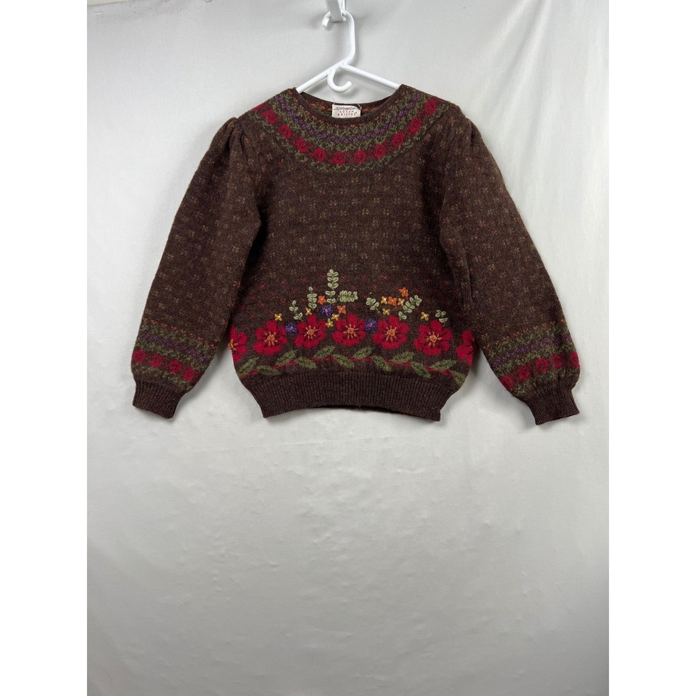 Susan Bristol Sweater Womens 34 Brown Excellent 100% Wool Hand Embroidered 1989